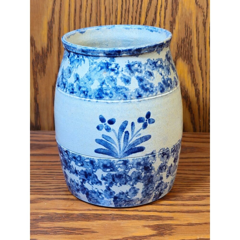 Vintage Handmade Stoneware Vase With Blue Floral Motif & Speckled Design
